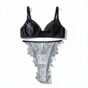 NWT Kilo Brava Black Satin Lace Lingerie Set S 32-34 A/B Boudoir Romantic